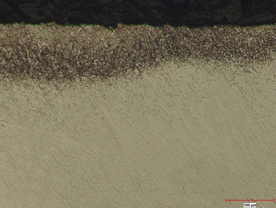 Micrograph of a non-uniform nitrided structure without a white layer