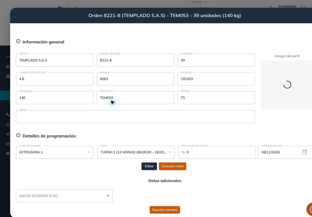 Detailed production-order view with the information required for execution and follow-up.