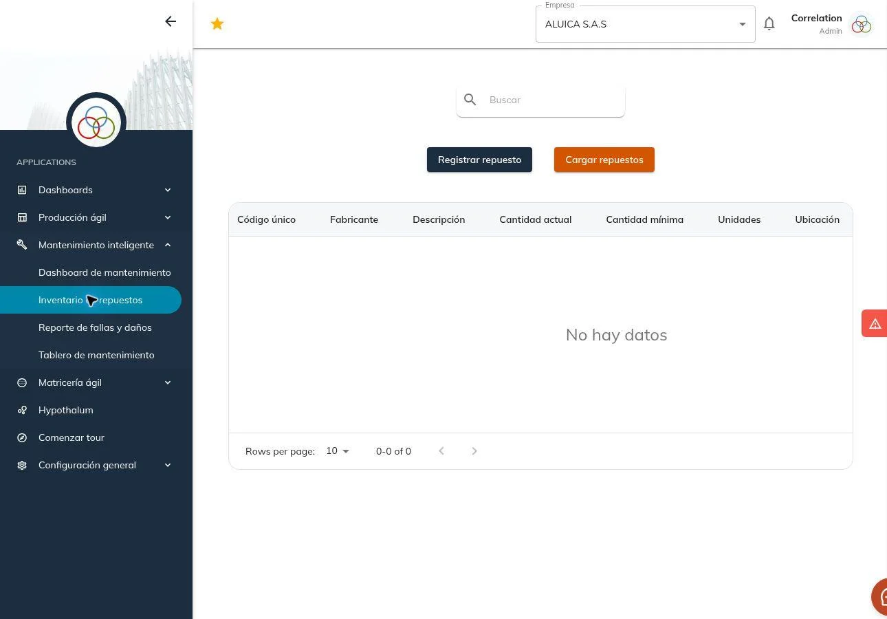 Spare-parts inventory for structured maintenance support.