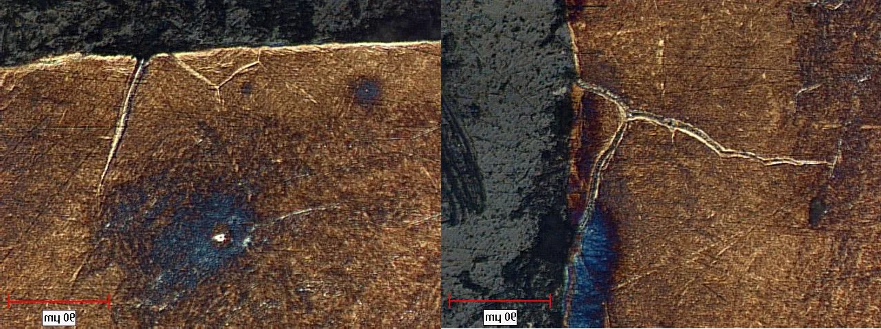 Micrograph of cracks in the bearing area running toward the core